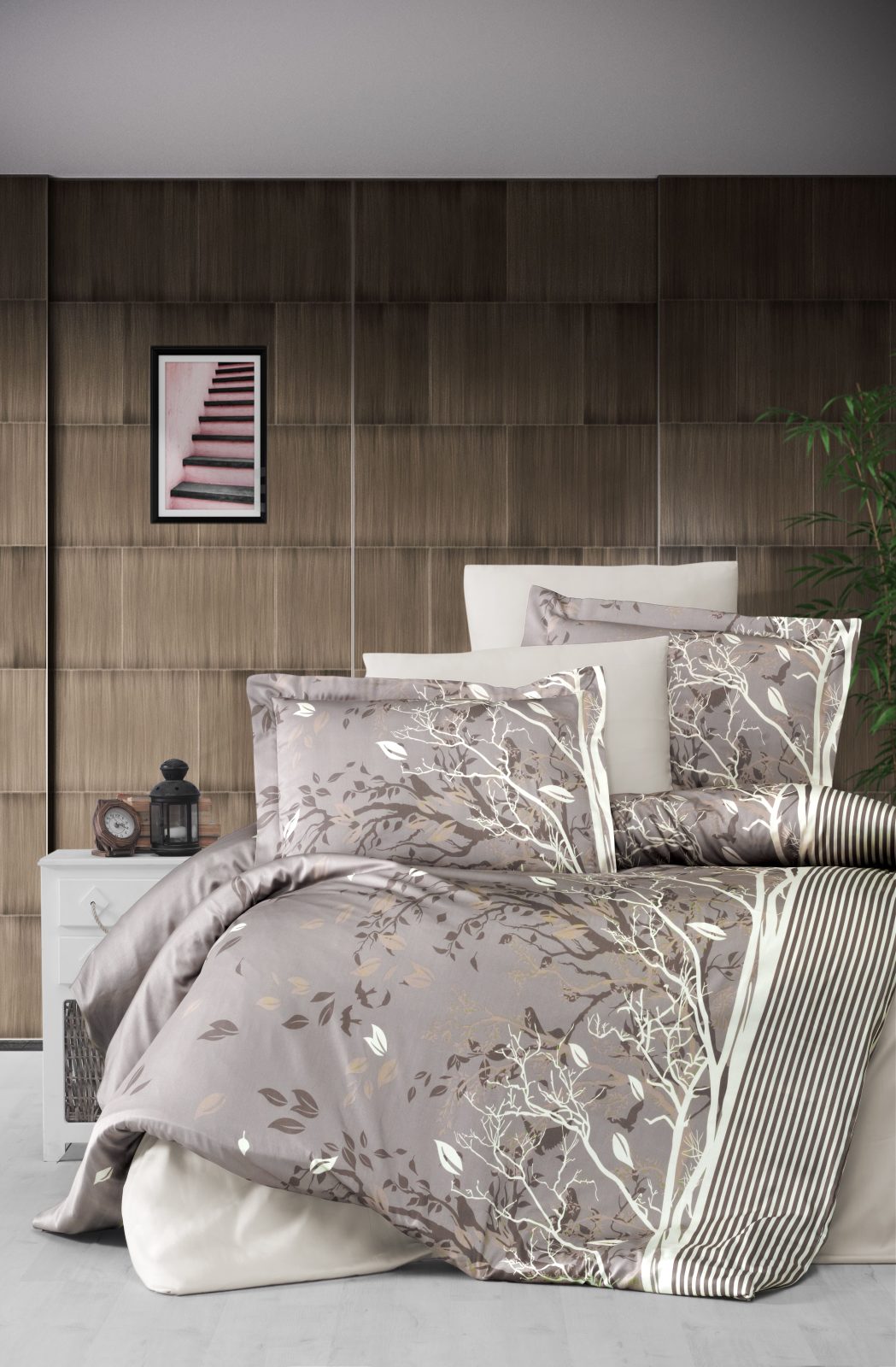 prod_7b55c0e9-6005-41a6-85ea-850c9fd55136 First Choice Спално бельо „Living Brown“ Памучен сатен – 7 части – за спалня с два плика - Image 1