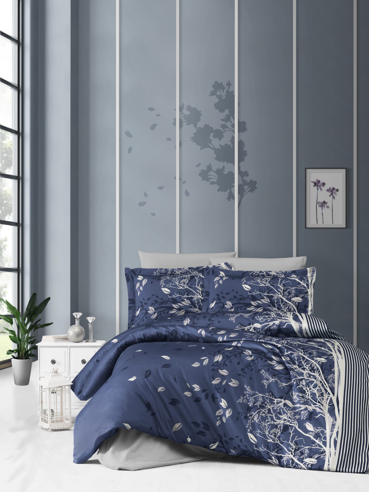 prod_afd30514-8552-49b4-88b2-75c4c2c0ac66 First Choice Спално бельо „Living Navy Blue“ Памучен сатен – 7 части – за спалня с два плика - Image 1