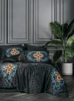 Cotton Box Спално бельо „Dorhan Siyah“ Palace Saten – 100% памук сатен 300TC – 6 части – за спалня