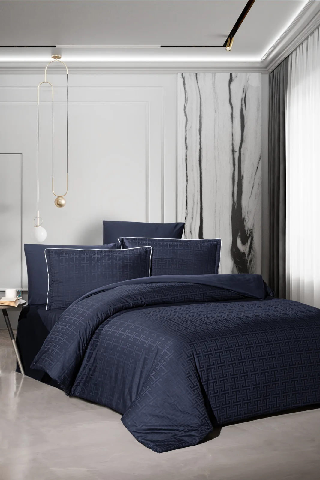 prod_cc9e3a57-0611-4776-b927-ab38cffe8206 La Romano Спално бельо „Rodel Navy Blue“ Premium Satin – 100% памук – 300 TC – 6 части – за спалня - Image 1