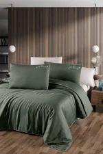 First Choice Спално бельо „Timeless Dark Green“ Deluxe памучен сатен – 100% памук – 6 части – за спалня с един плик